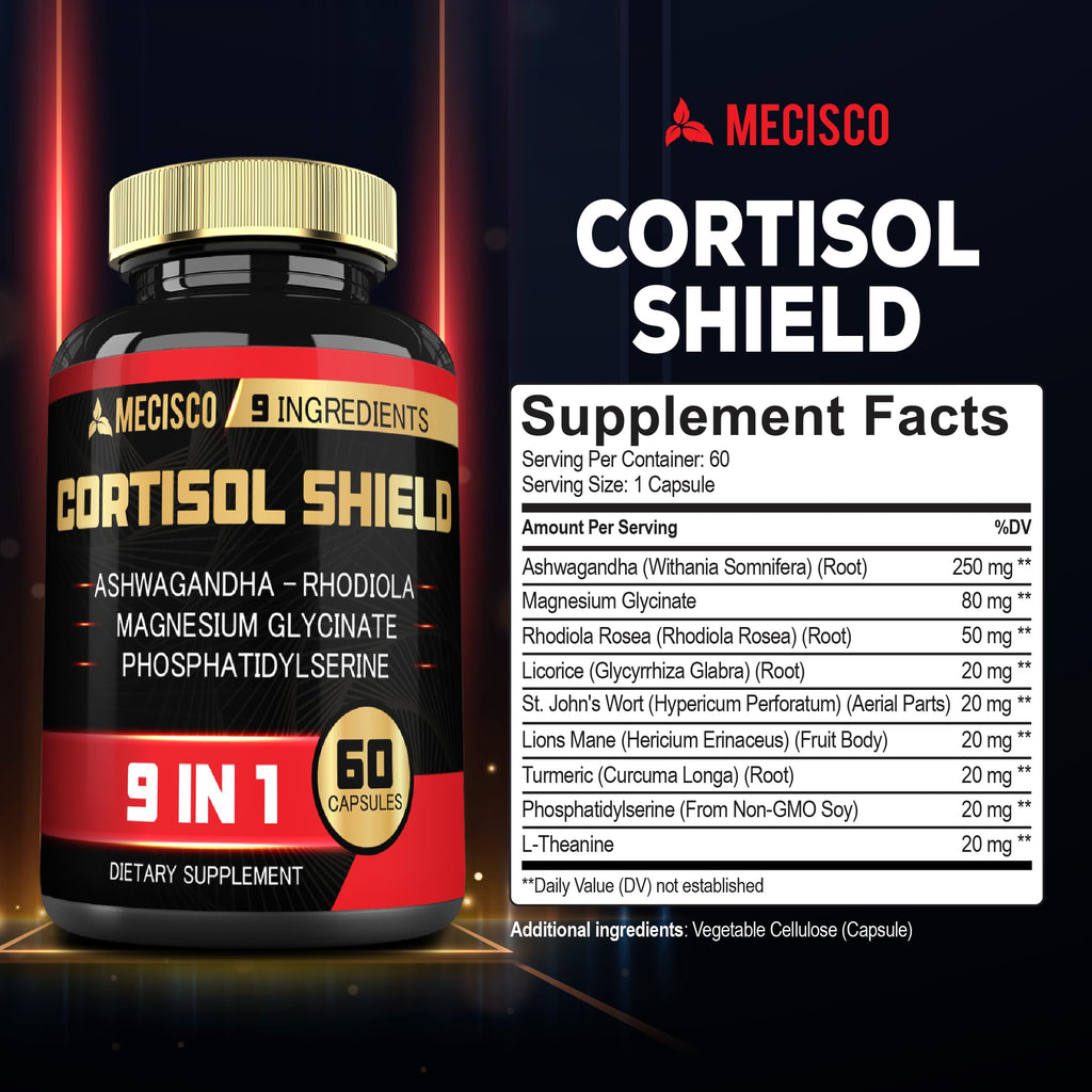 9in1 Cortisol Shield - Ashwagandha & Magnesium Glycinate, Rhodiola, Phosphatidylserine, L-Theanine, Licorice Root, St. John's Wort, Lions Mane - Mind & Mood, Restful Night Support - 60 Capsules Mecisco Au supplements