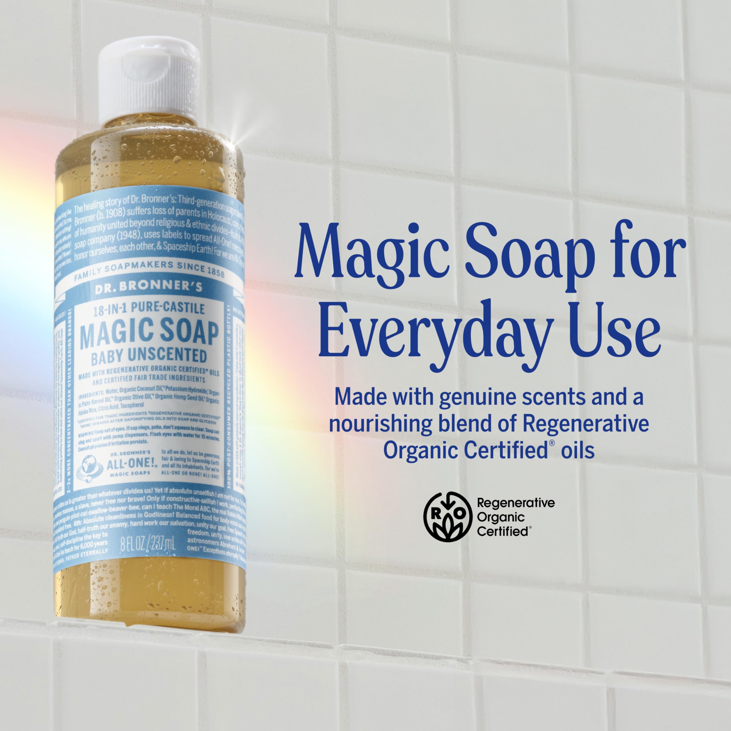 Dr. Bronner's Pure-Castile Magic Liquid Soap (Baby Unscented, 8 Ounce)- Made with Regenerative Organic Certified Oils, For Face