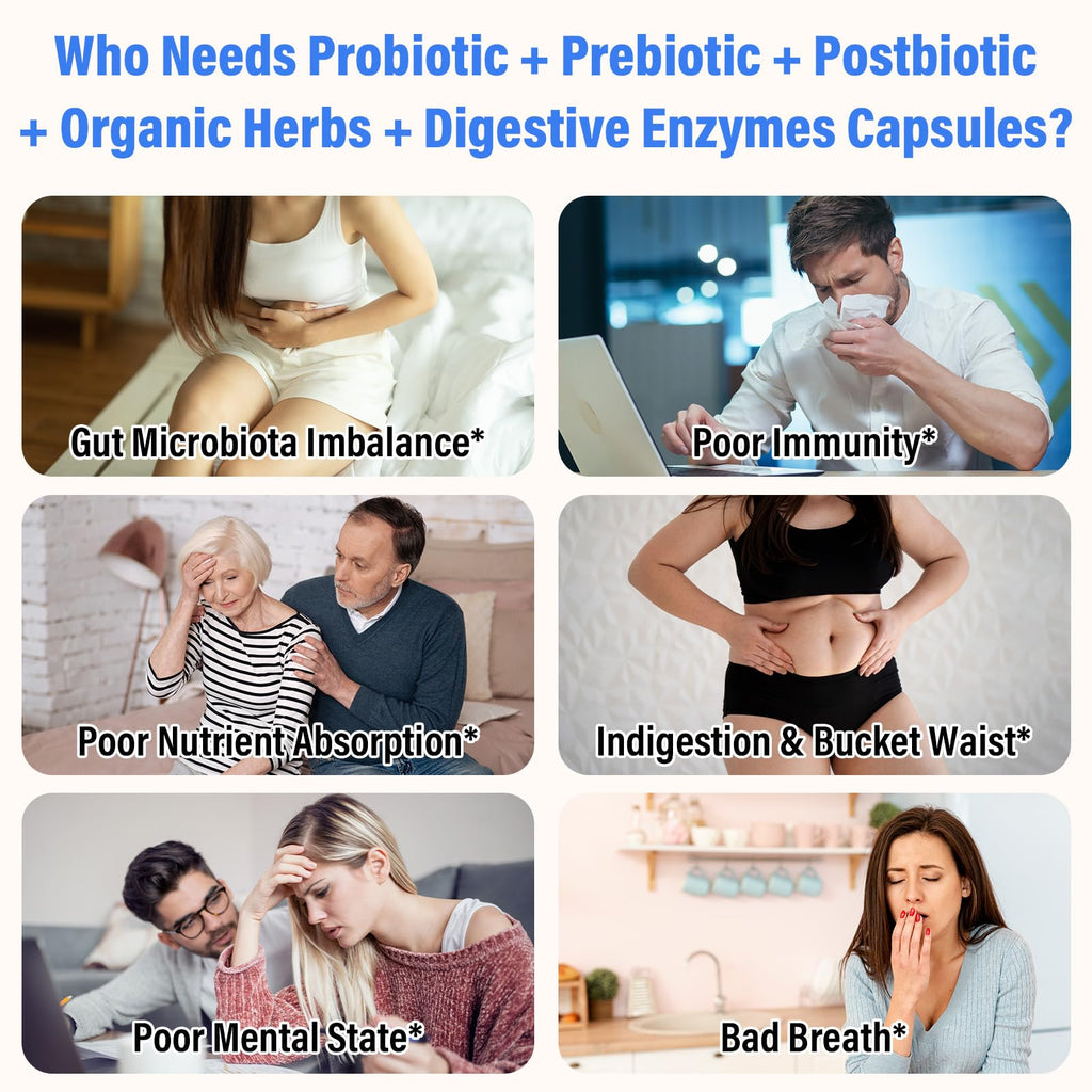 (180 Capsules) Probiotics for Women & Men, 5-in-1 Probiotic, Prebiotic, Postbiotic, Organic Herbs & 16 Digestive Enzymes Blend, 300 Billion CFU, Complete Gut Health, Digestive Health & Immune* Nisavain Au supplements