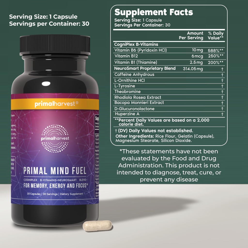 Brain Supplement by Primal Harvest, Primal Mind Fuel Brain Booster for Focus, Energy, Clarity, and Brain Health 30 Capsules