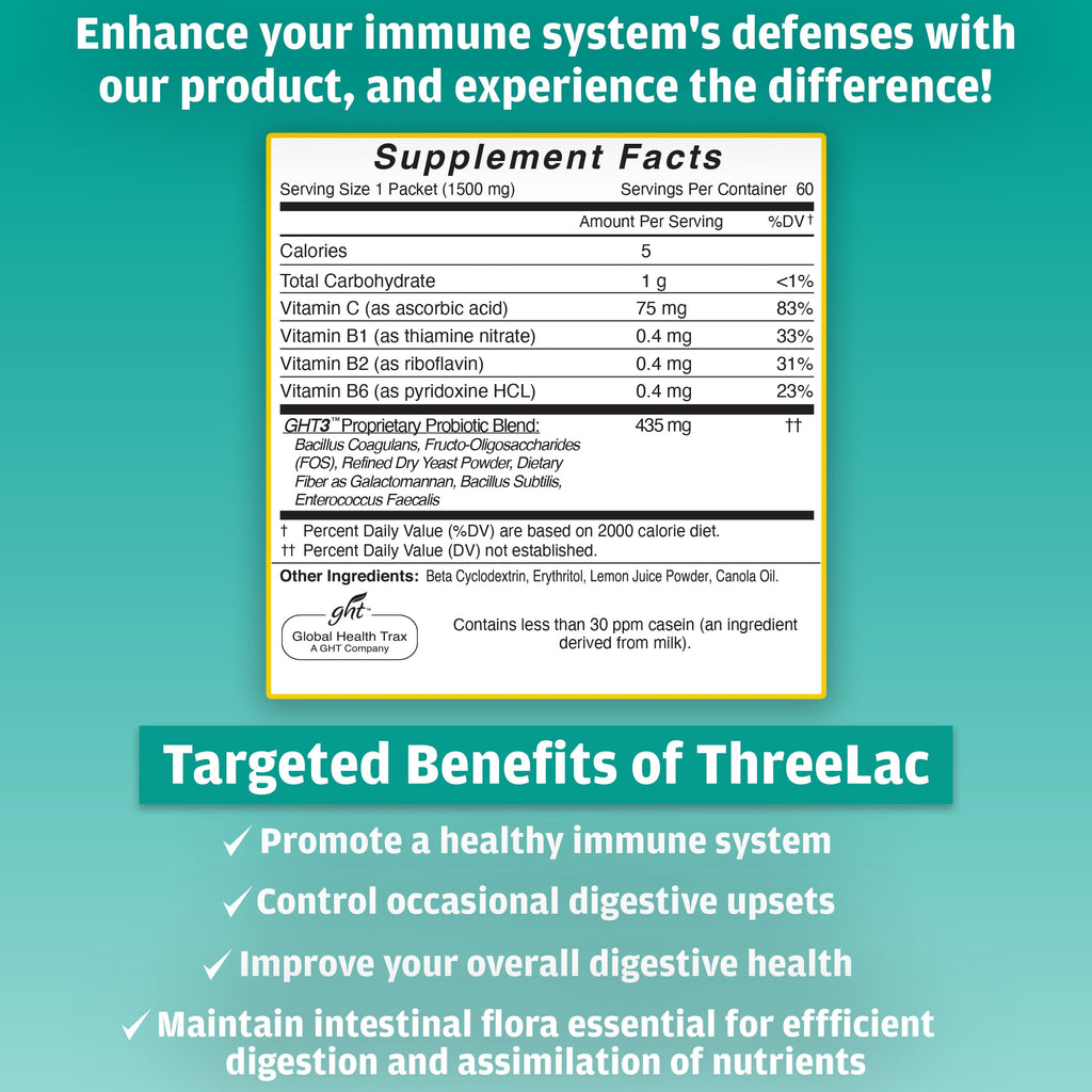 Global Health Trax ThreeLac Lemon Probiotic Drink Mix for Digestive Health - Advanced Probiotic Powder Formula for Men, Women, and Kids - Immune Support & Gut Balance, Non-GMO - 120 Packets ght Global Health Trax Au supplements