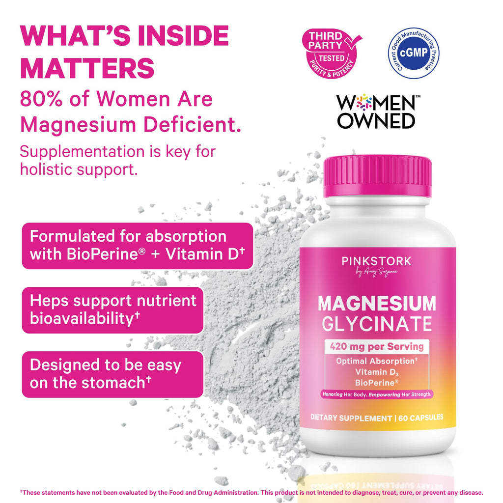 Pink Stork Magnesium Glycinate with Vitamin D - Magnesium Supplement for Women to Support Natural Calm, Mood, and Sleep - Hormone Balance for Women