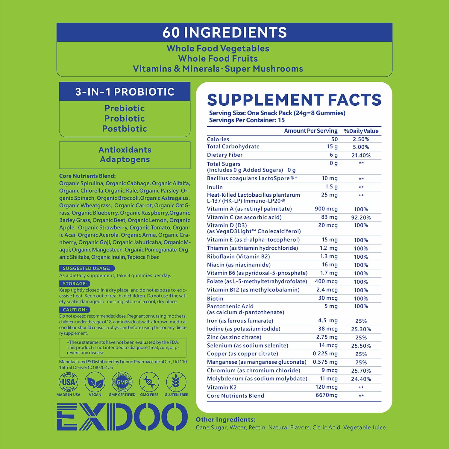 exdoo Super Greens Fiber Gummies Multivitamin Superfood Gummy with Spirulina Chlorella Prebiotic Probiotic Postbiotic for Digestive Health Supplement 15 Packs 120 Gummies exdoo Au supplements