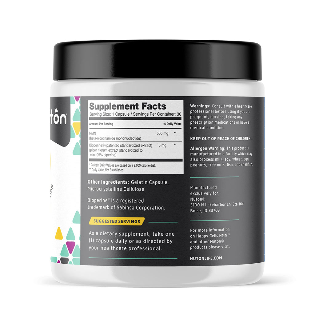Nuton Happy Cells - NMN Supplement with Bioperine for Healthy Aging & Cellular Repair - NAD+ Supplement - Protects DNA, Promotes Skin Health & Brain Function