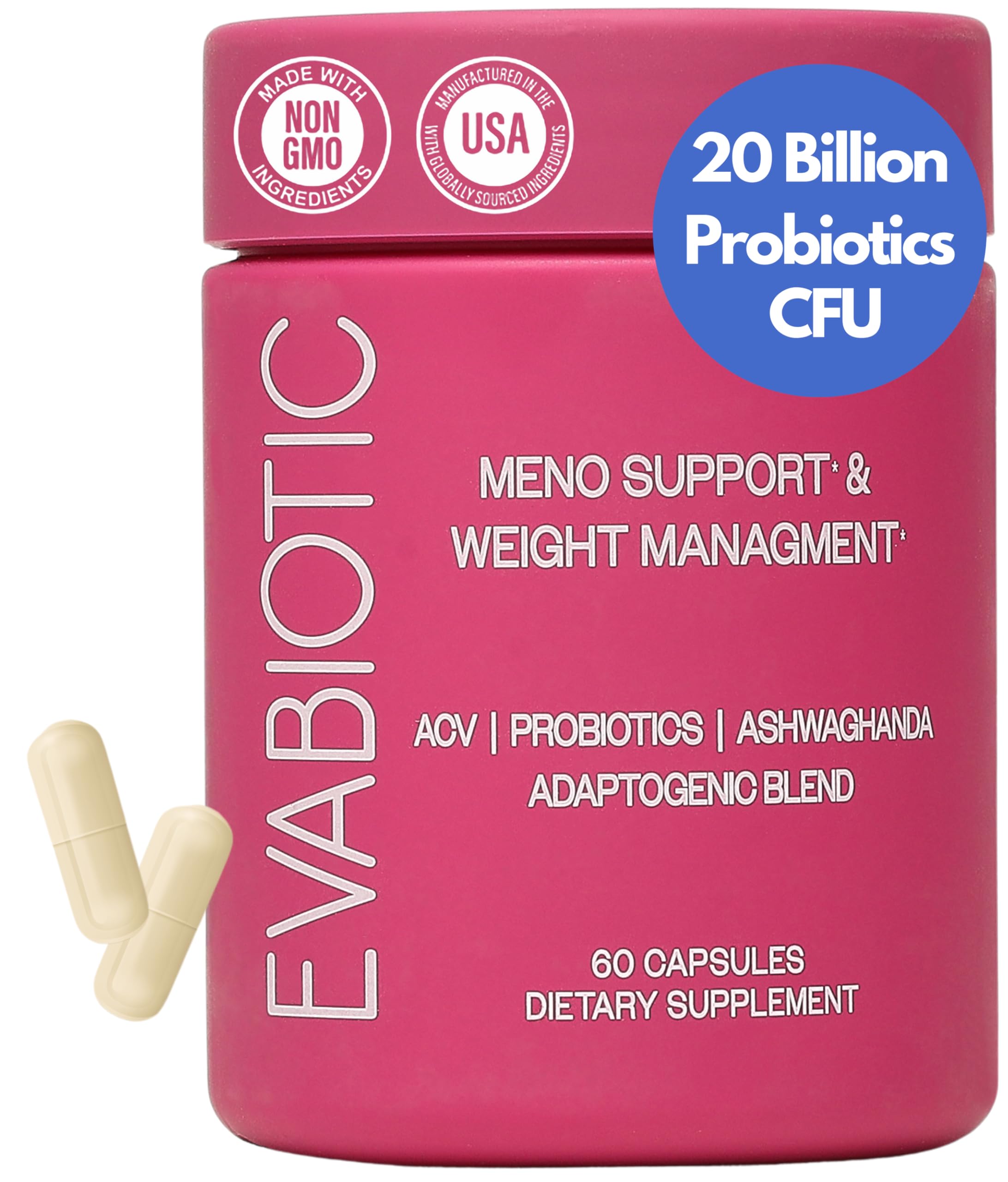 Complete Menopause Vitamins - Ashwaghanda, Probiotics, ACV for Weight Management, Hot Flashes, Night Sweats, Bloat, Hormone Balance - Vegan 60 Caps Menopause Supplements for Women Non-GMO EVABIOTIC Au supplements