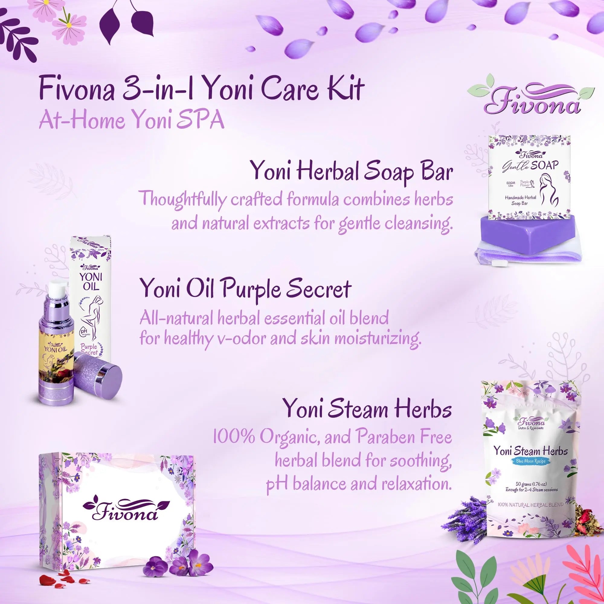 FIVONA Yoni Care Kit 3 in 1 - pH Balanced Natural Vaginal Oil 30 ml, Organic Herbal Soap 5.3 oz FIVONA Au supplements