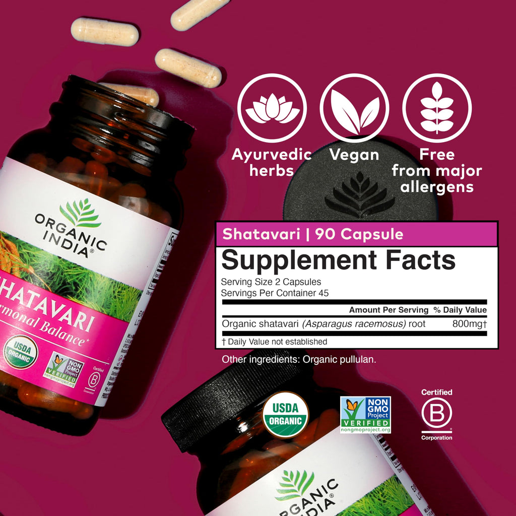 ORGANIC INDIA Shatavari Herbal Supplement - Supports Hormonal Balance, Immune and Inflammatory Response, Vegan, Gluten-Free, USDA Organic, Supports Reproductive Health - 90 Capsules ORGANIC INDIA Au supplements