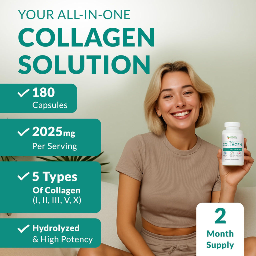 Multi Collagen 180 Protein Capsules - Type I, II, III, V, X Collagen Pills - Proprietary Blend of Eggshell, Chicken, Wild Fish & Grass-Fed