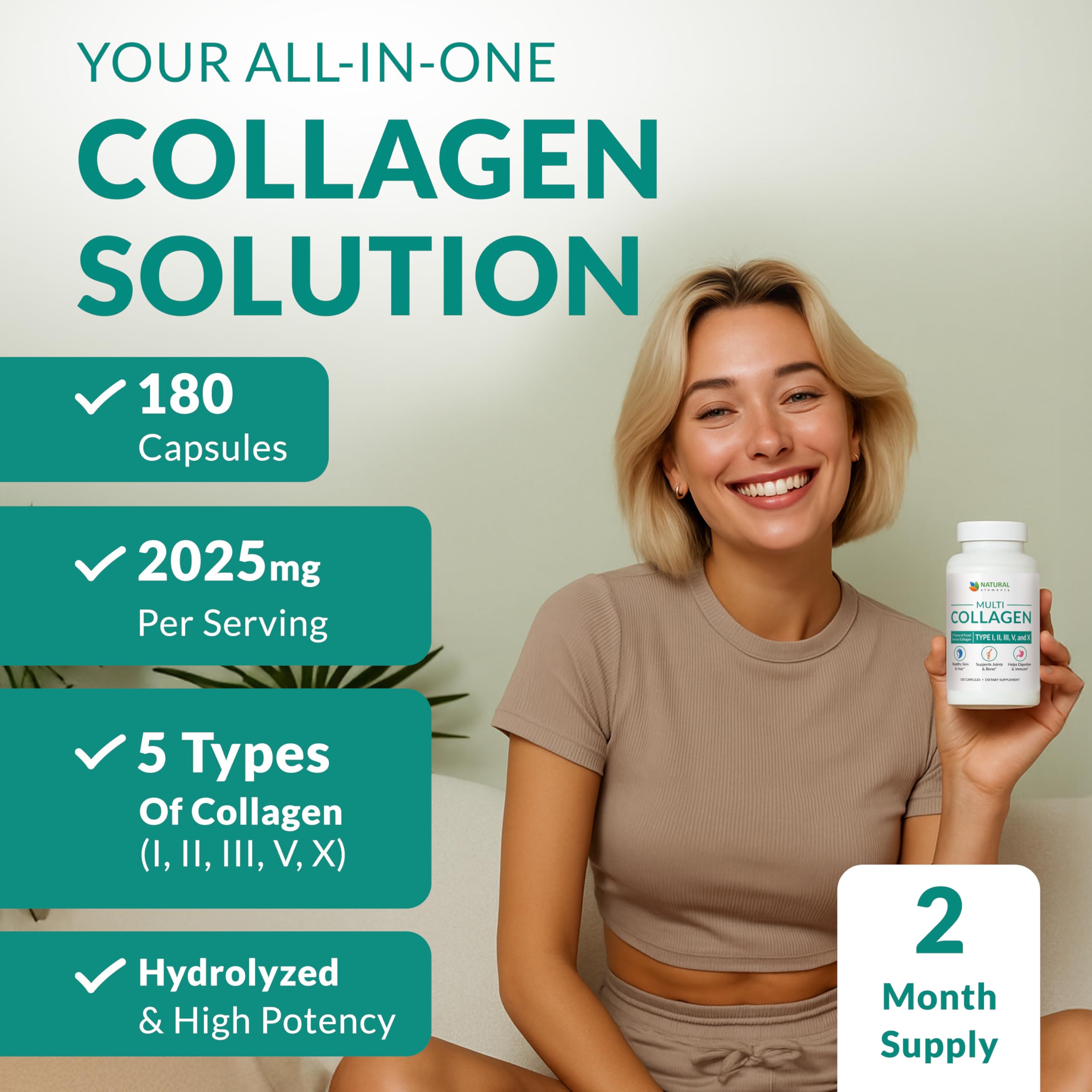 Multi Collagen 180 Protein Capsules - Type I, II, III, V, X Collagen Pills - Proprietary Blend of Eggshell, Chicken, Wild Fish & Grass-Fed