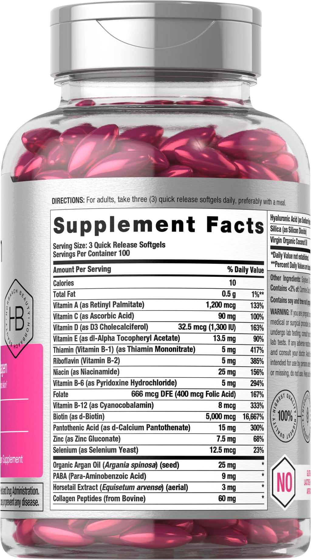 Horbäach Hair Skin and Nails Vitamins | 300 Softgels | with Biotin and Collagen | Infused with Argan Oil and Coconut Oil