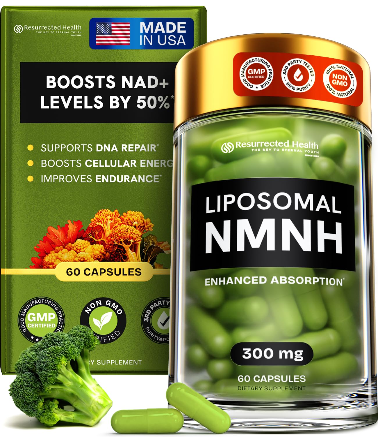Resurrected Health Liposomal NMNH Supplement 300mg – Boosts NAD Anti-Aging, Energy & Focus – NMM Capsules Alternative to for Cellular Vitality – Third-Party Tested, 60 Vegan Capsules | 1 Pack Resurrected Health Au supplements