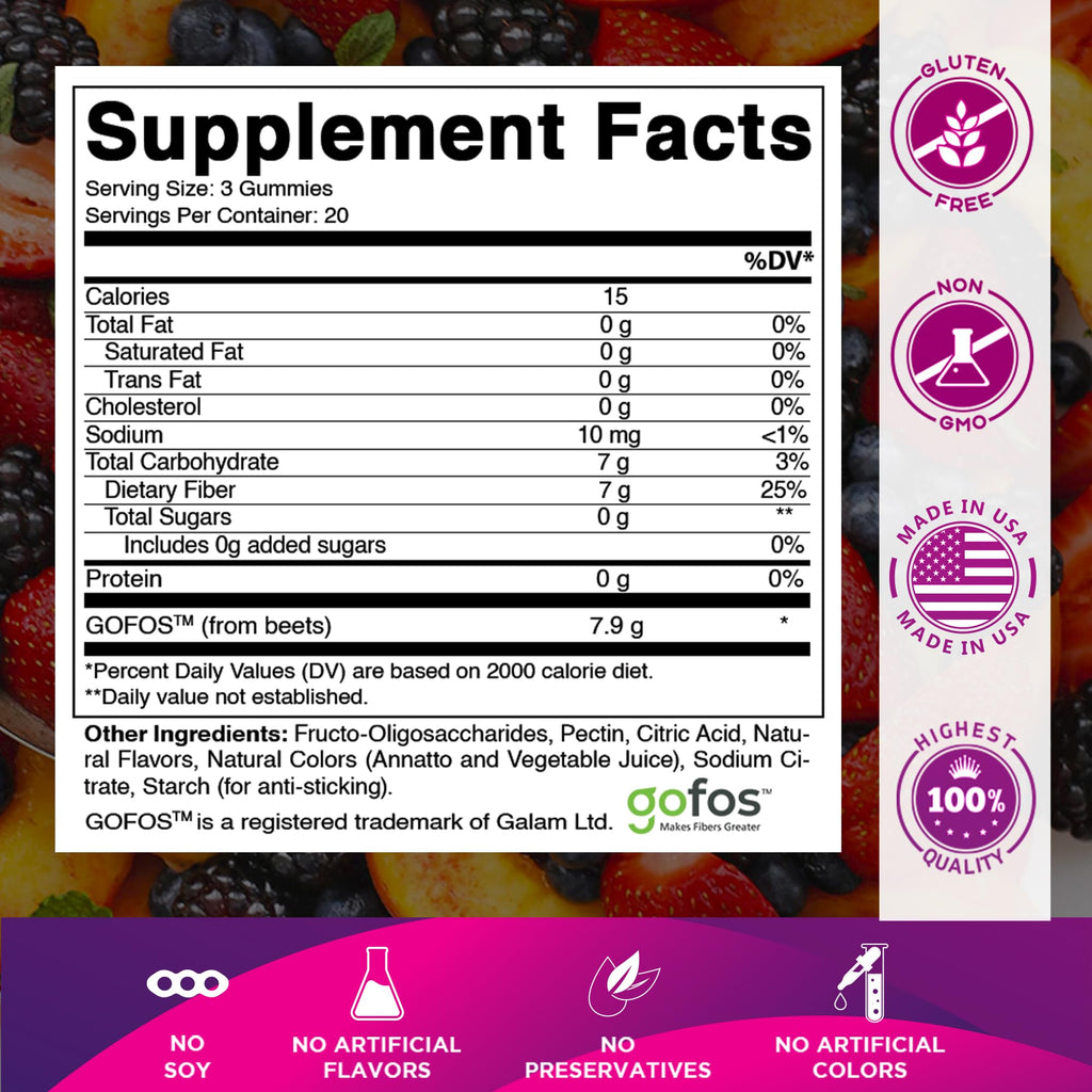 Vitamatic Prebiotic Fiber Gummies for Adults – 2 Pack (Total 120 Gummies) 7g Fiber per Serving | Extra Strength | Zero Sugar Added | Pectin-Based