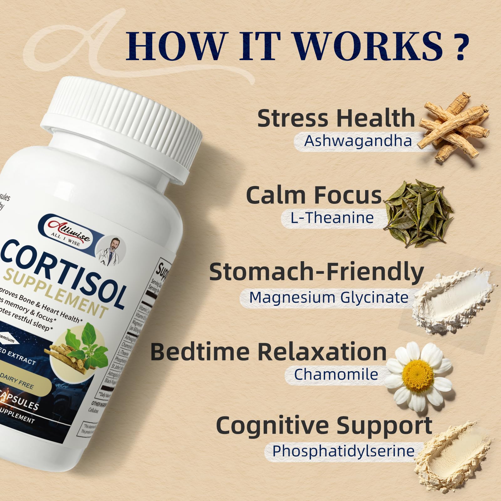 Alliwise Cortisol Supplements for Women and Men with Magnesium, Ashwagandha,L-Theanine,Chamomile & PS,High Cortisol Reducer, Manager, Detox, Lower for Mood,Focus,Sleep,Non-Drowsy,No Melatonin Alliwise Au supplements