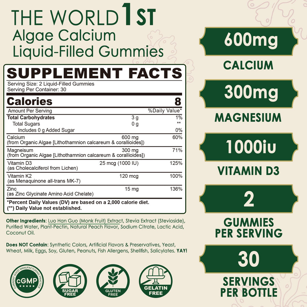 Plant Based Calcium Gummies 600mg with Vitamin D3 K2, Magnesium, Zinc for Bone Strength, Sugar Free Calcium Supplements for Women & Men (Certified Vegan)
