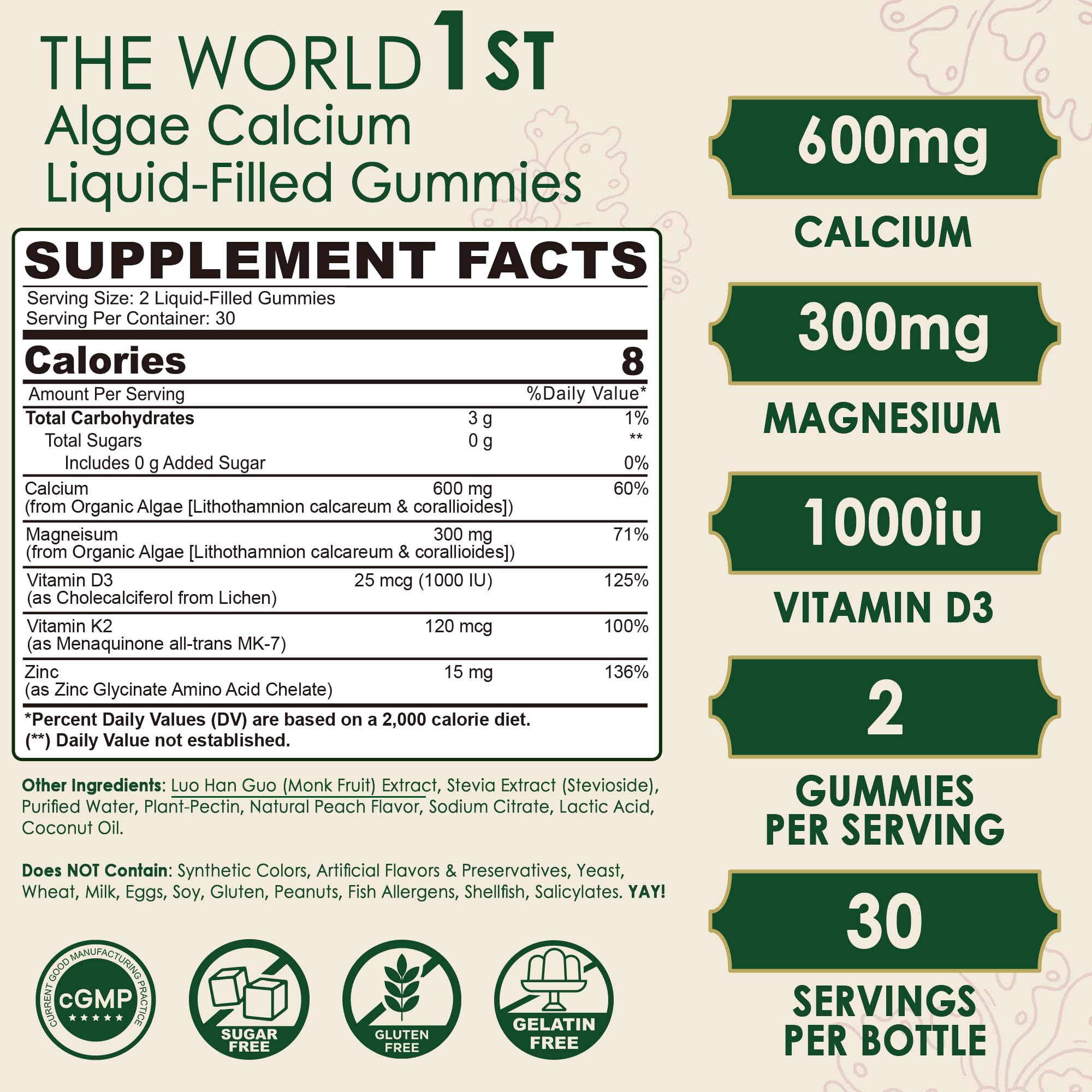 Plant Based Calcium Gummies 600mg with Vitamin D3 K2, Magnesium, Zinc for Bone Strength, Sugar Free Calcium Supplements for Women & Men (Certified Vegan)