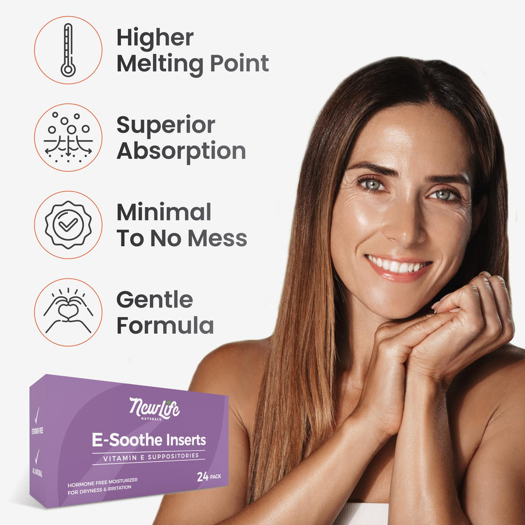 NewLife Naturals Vitamin E Vaginal Suppositories 38IU ESoothe - Moisture & Hydration Support - All Natural Estrogen Free Feminine Care - 24 Inserts NewLife Naturals Au supplements