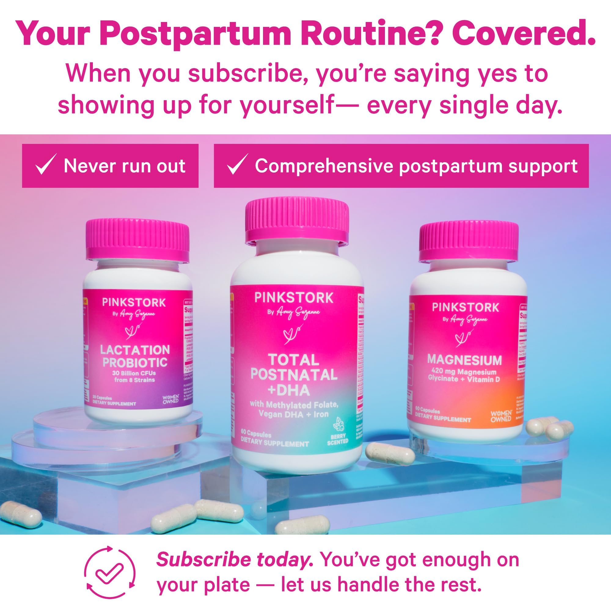 Pink Stork Total Postnatal Vitamins for Women | Vegan DHA, Iron, Folate, B12 | Postpartum Recovery Essentials | Lactation Support for Breastfeeding Moms
