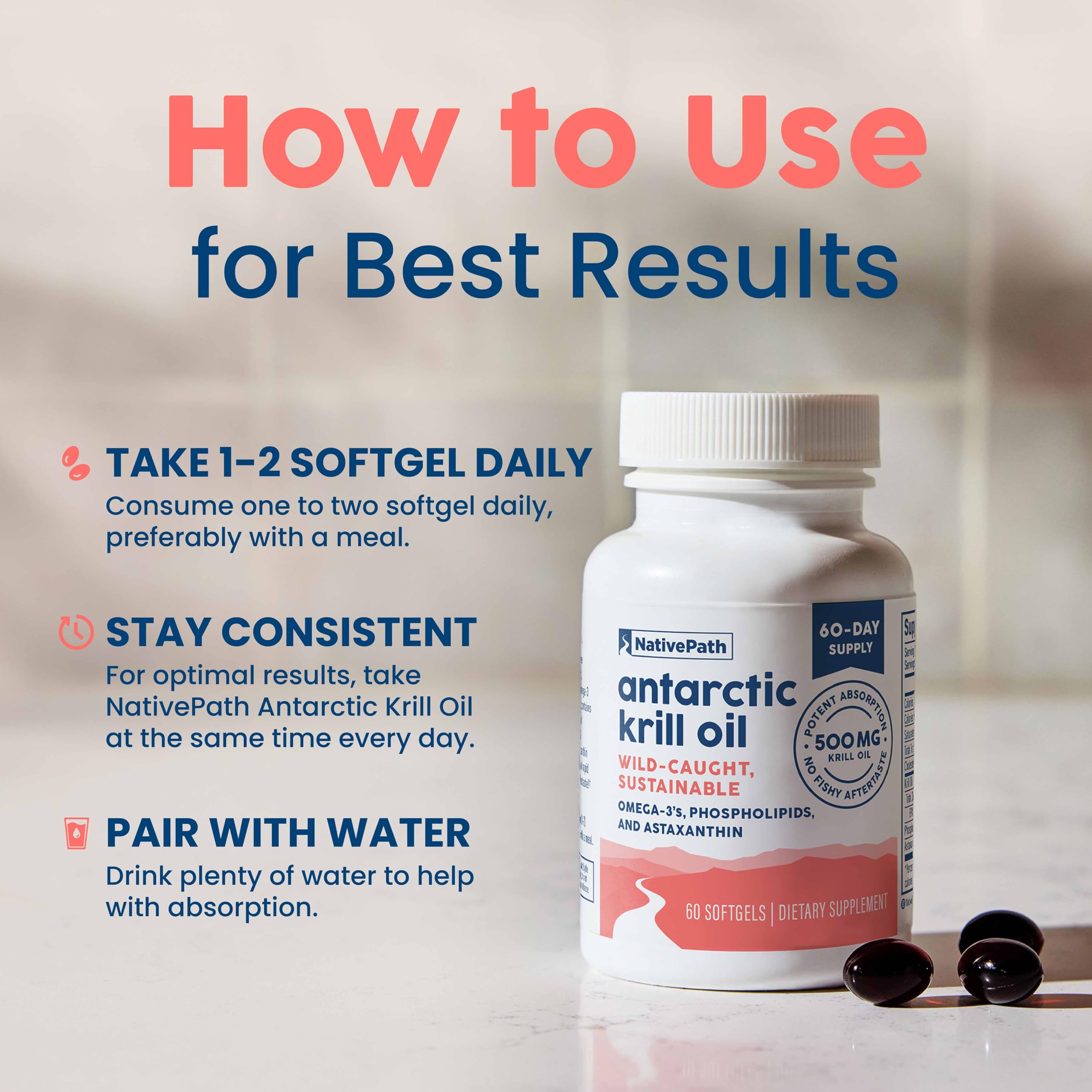 NativePath Antarctic Krill Oil - Wild-Caught Omega 3 Krill Oil 500mg Softgels with EPA, DHA and Astaxanthin - Supplement for Joint, Hear