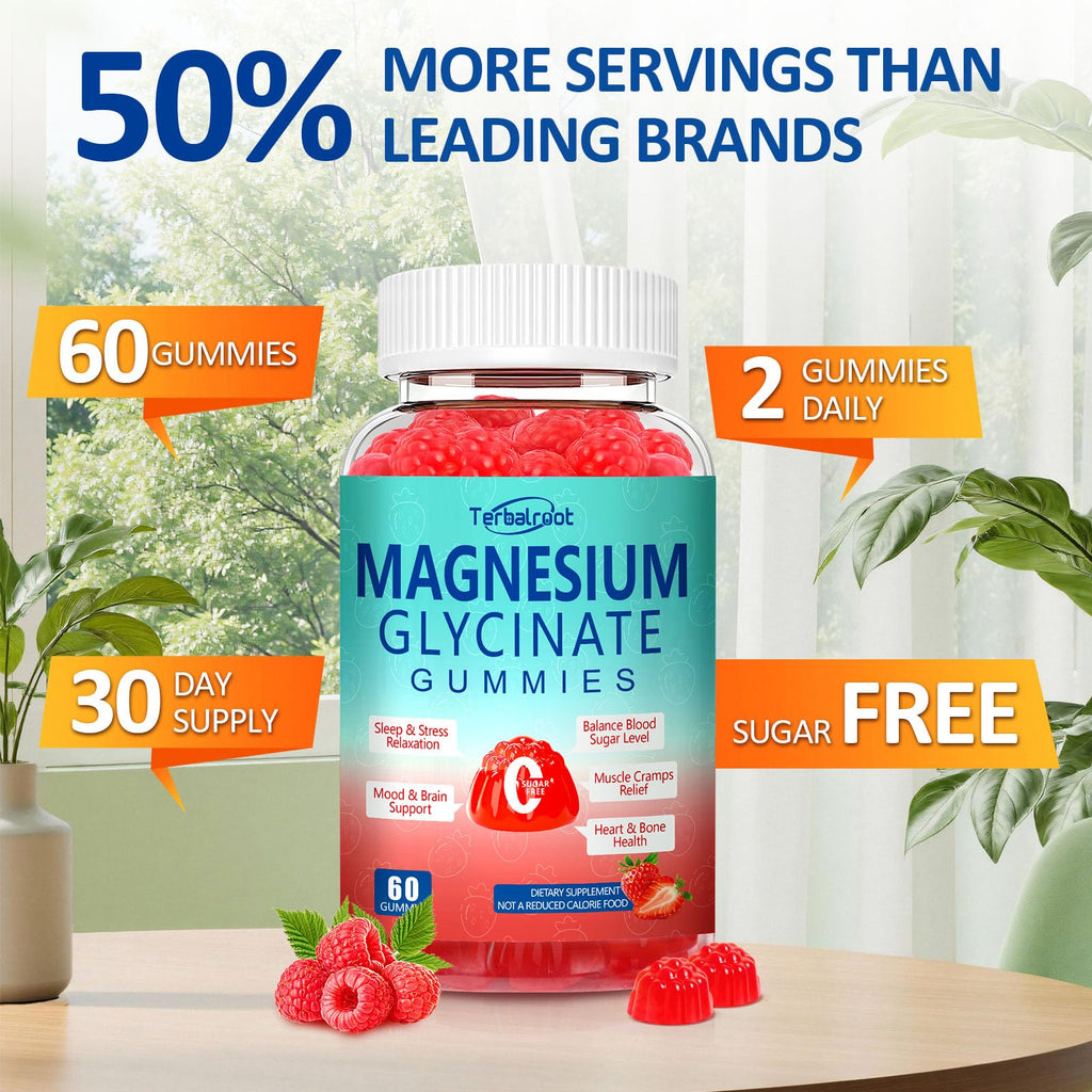 Magnesium Glycinate Gummies 400mg, Sleep & Relaxation Support, Sugar Free Vegan Magnesium Gummies for Adults Magnesium Supplements for Muscle Cramps, Stress Relief, Calm Mood,High Absorption, 60 Count Terbalroot Au supplements