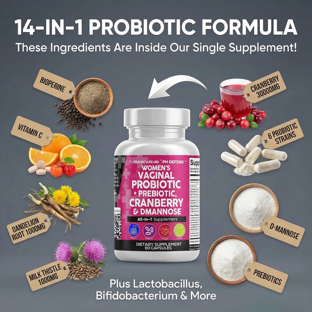 Clean Nutraceuticals Vaginal Probiotics for Women with Cranberry, D-Mannose, Prebiotics, pH Balance Support, Feminine Health, Urinary Tract Cleanse