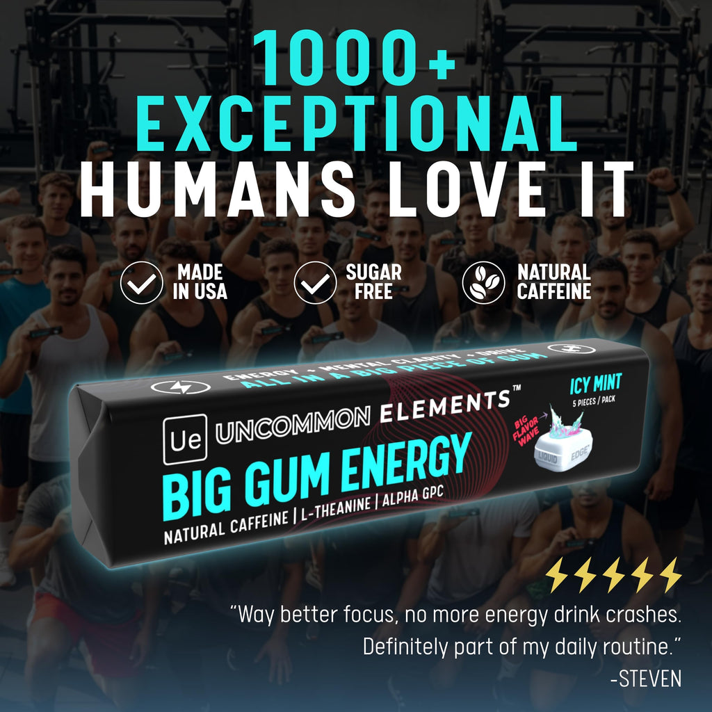 BIG GUM ENERGY & FOCUS – 80mg Caffeine + 40mg L-Theanine + 80mg Alpha GPC – Nootropic Chewing Gum for Focus, Energy & Execution – Icy Mint – 25 Pieces (5 Packs) Gym & Work Execution. UNCOMMON ELEMENTS Au supplements