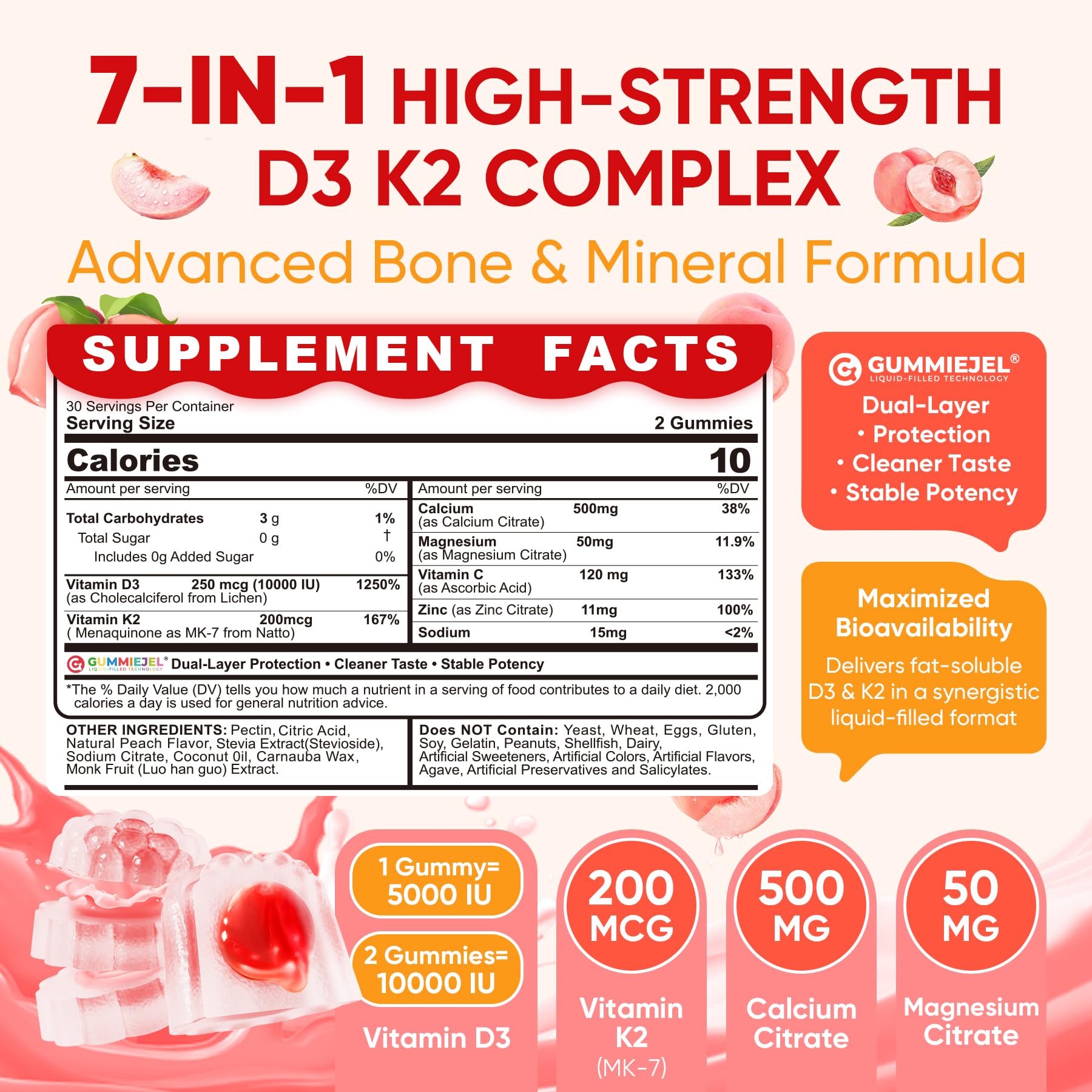 Vitamin D3 K2 Gummies 5000IU / 10,000 IU with 500mg Calcium + K2(MK-7) 200mcg, Magnesium, Vitamin C & Zinc, Extra Strength - Ultimate Absorbency for Bones