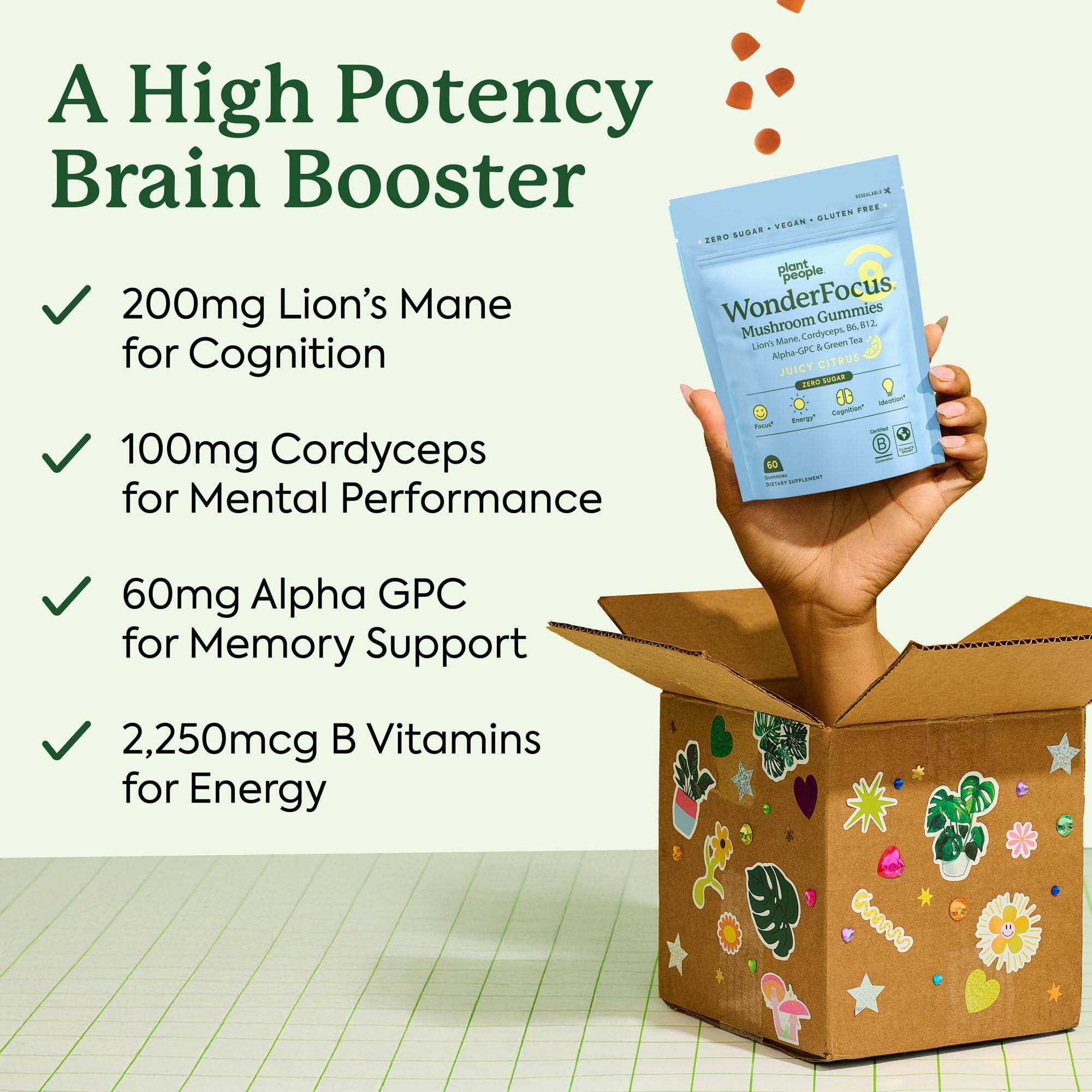 Plant People WonderFocus Mushroom Gummies with Lion’s Mane & Cordyceps - Nootropic Brain Supplement Boosts Memory, Focus, Energy & Mood in Adults | No Sugar, 100% Vegan, Citrus Flavor, 60 Count Plant People Au supplements