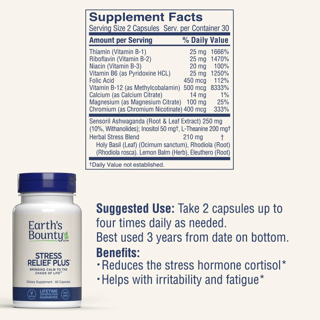 Earth's Bounty - Stress Relief Plus - 60 Vegetarian Capsules - All Natural Formula - Stress Support & Mood Enhancing Supplement Earth's Bounty Au supplements