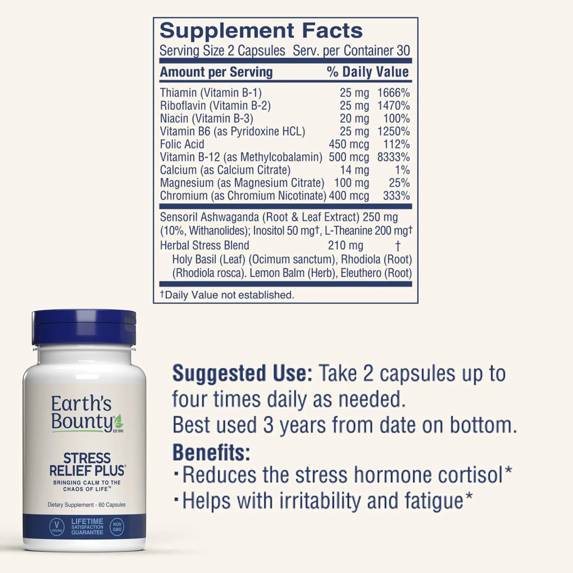 Earth's Bounty - Stress Relief Plus - 60 Vegetarian Capsules - All Natural Formula - Stress Support & Mood Enhancing Supplement Earth's Bounty Au supplements