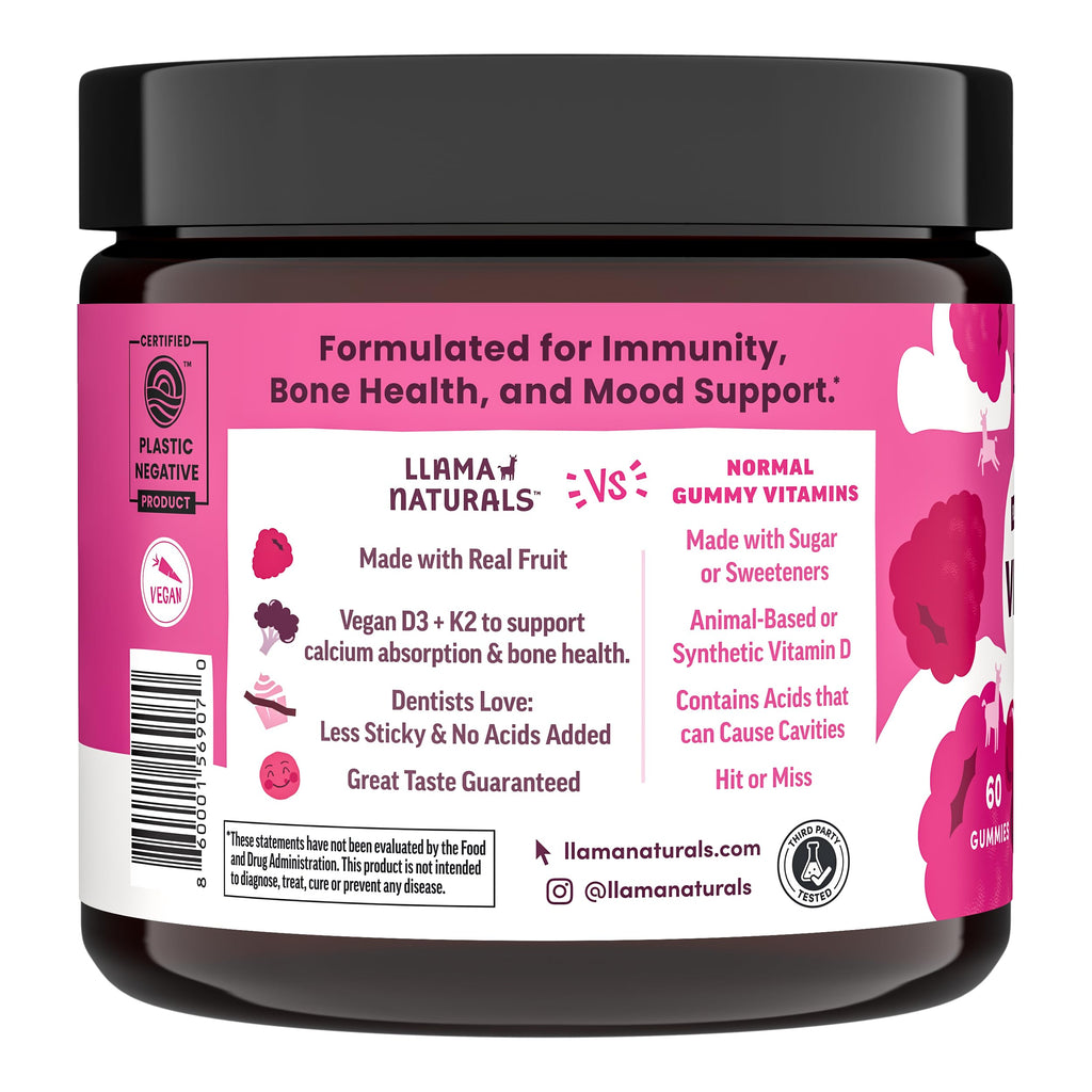 Llama Naturals Vitamin D3, Vegan, Organic Immune Support Supplement, Vitamin D Gummies for Adults and Kids, Real Fruit Gummy Vitamins, Promotes Bone Health