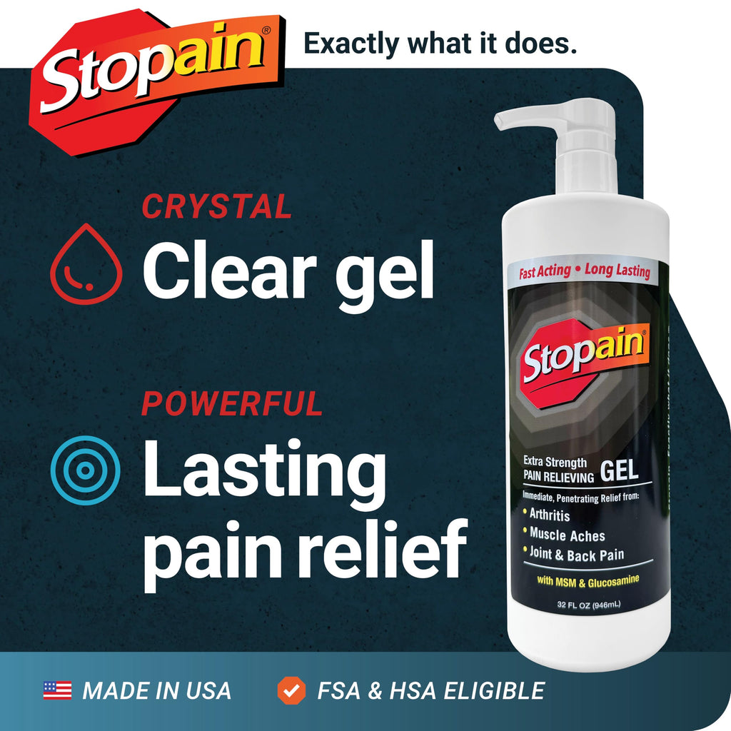 Stopain Pain Relief Gel 32oz, USA Made, Max Strength Fast Acting with Menthol, MSM, Glucosamine for Joint Pain, Back Pain, Arthritis, Knee, Neck Pain, HSA FSA Approved OTC Topical Analgesic Product Stopain Au supplements