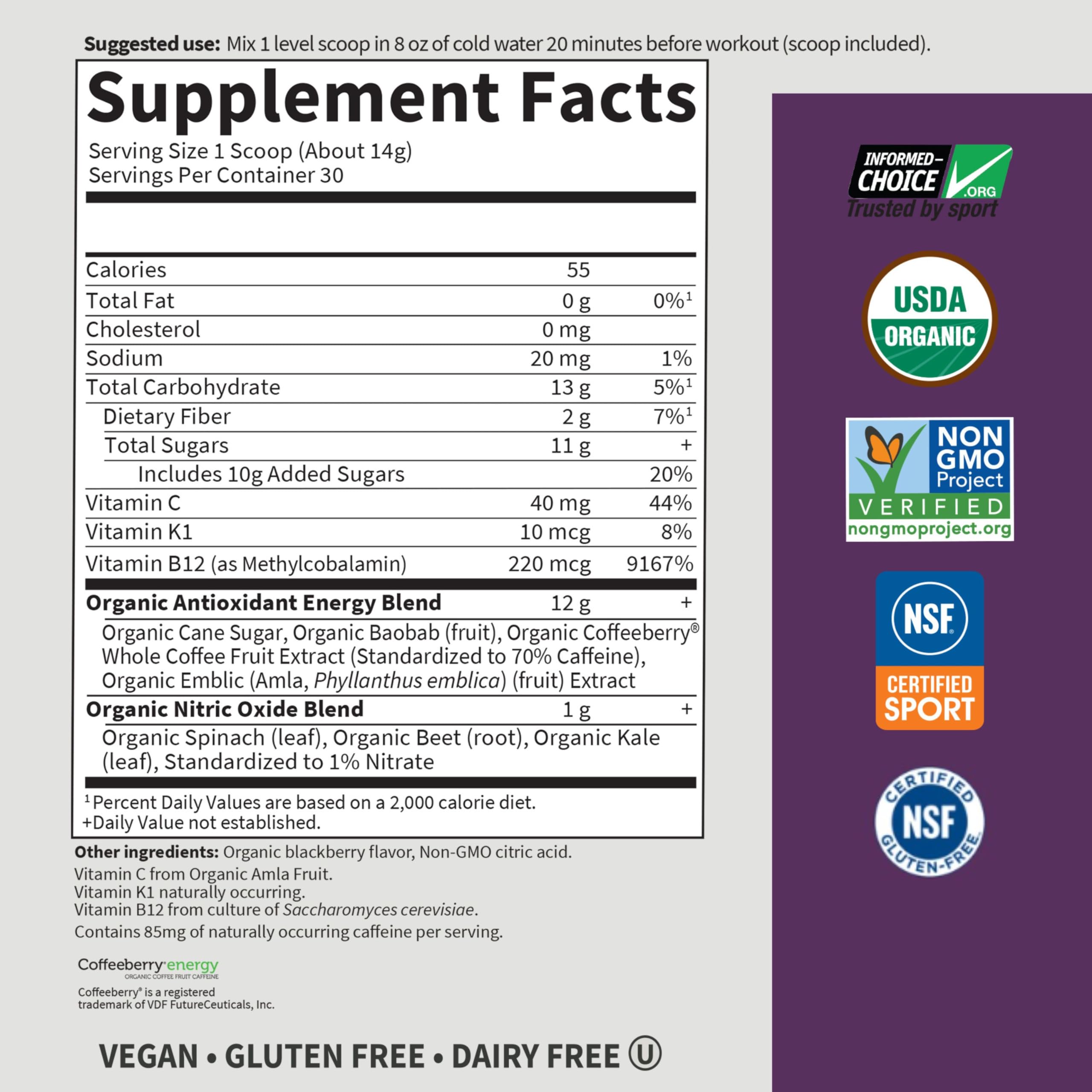 Garden of Life Sport Organic Plant Based Energy + Focus Clean Pre Workout Powder, with 85mg Caffeine, Natural No Booster, B12, Vegan, Gluten Free, Non-GMO, BlackBerry, 15.3 Oz Garden of Life Au supplements