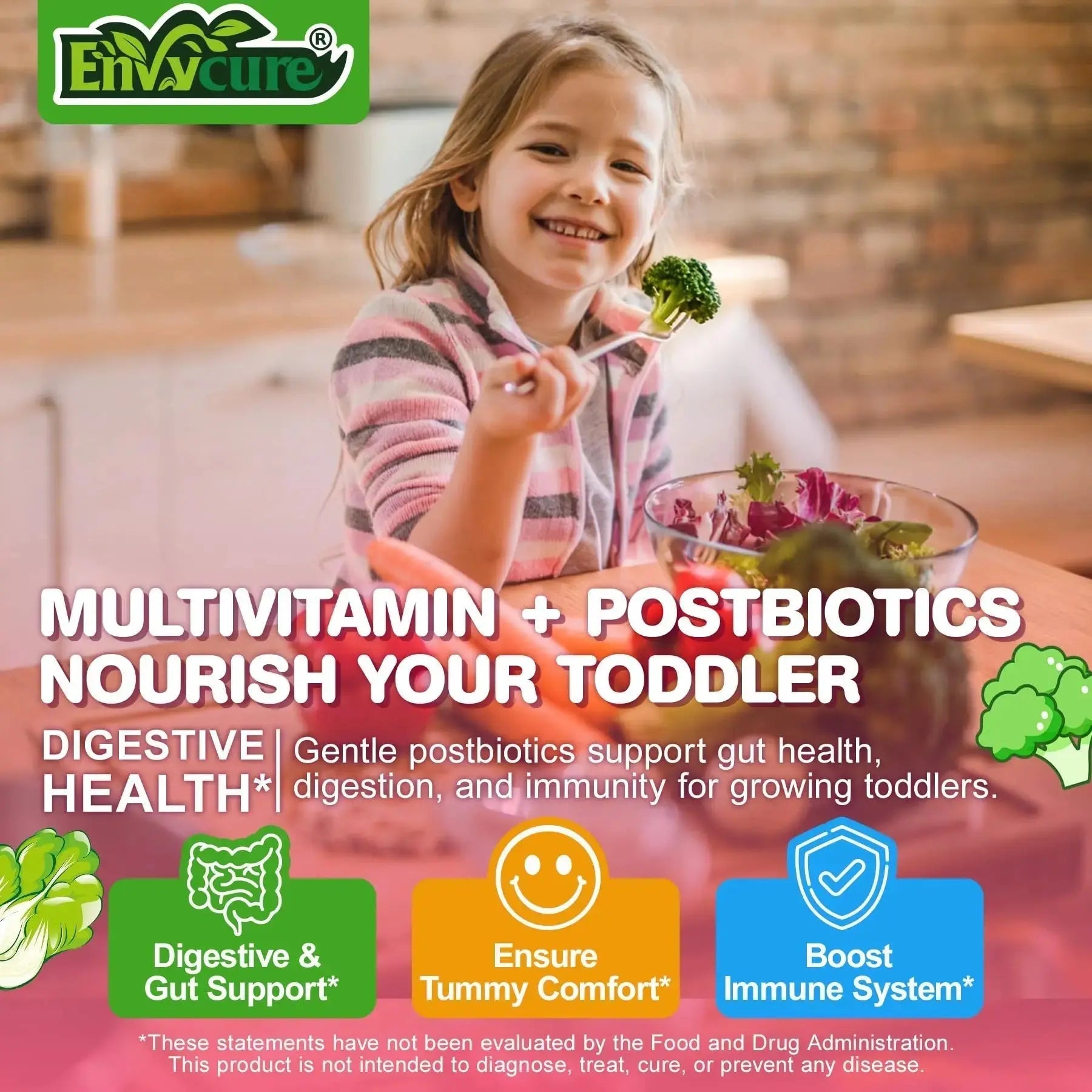 Organic Toddler Multivitamin Gummies + Omega-3 (DHA/EPA), Postbiotics | kids 2+ multivitamin | Vitamins A C D3 Methyl B12 Folate Zinc EnvyCure Au supplements