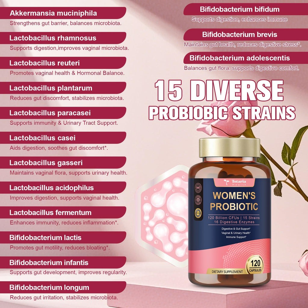 Totaria Probiotics for Women, 120 Billion Women Probiotic, with Akkermansia, Digestive Enzymes & Prebiotics, Cranberry, D-Mannose, for Gut, Vaginal, Urinary