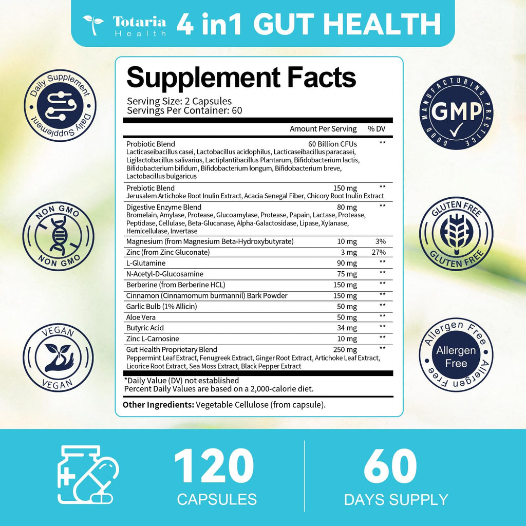 14-in-1 Gut Health with Probiotics, Prebiotics, Postbiotics & Digestive Enzymes for Women & Men, 60 Billion CFU Probiotics for Digestion, Strong Immunity,