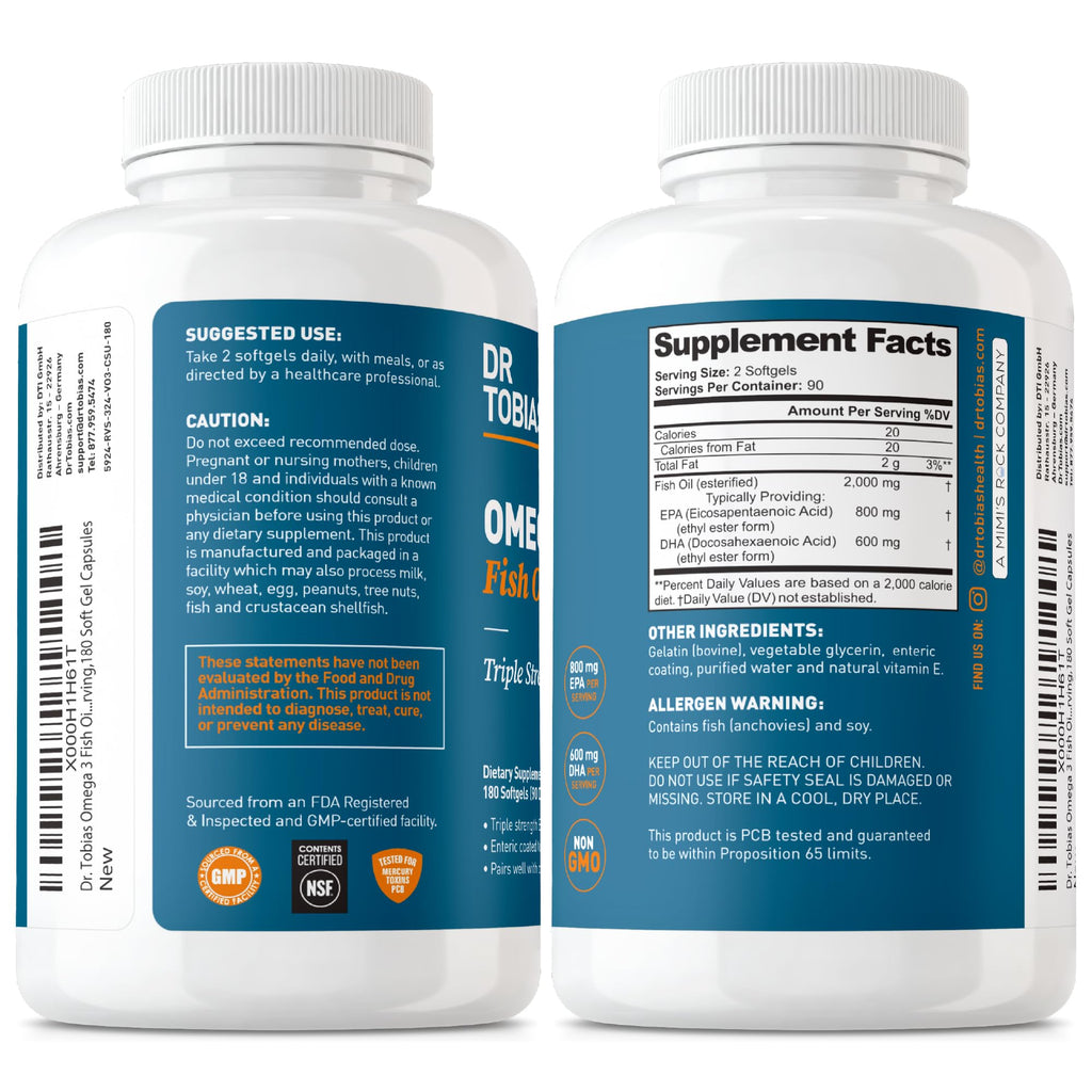 Dr. Tobias Omega 3 Fish Oil 2000mg Triple Strength with 800mg EPA 600mg DHA Per Serving | Fish Oil Omega 3 Supplements for Heart Brain & Immune Support - 180 Softgels (90 Servings) Dr. Tobias Au supplements
