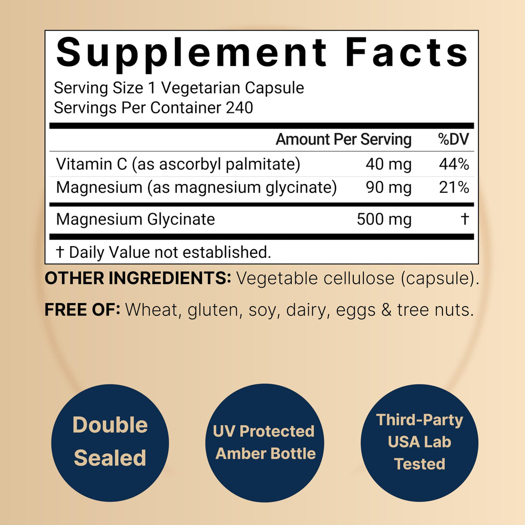 Naturebell Pure Magnesium Glycinate 500mg, 240 Veggie Capsules | 100% Chelated & Purified – 3rd Party Tested, Vegan Friendly, Non-GMO, Filler Free
