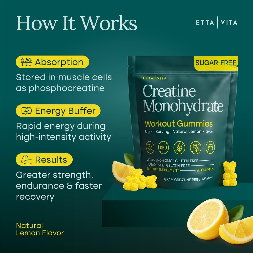 Sugar-Free Creatine Monohydrate Gummies 5gram per Serving, Potent Creatine Gummies for Women & Men, Supplement for Muscle Support, Cellular Energy & Cognitive Function [Lemon Drops Candy Flavor] Etta Vita Au supplements