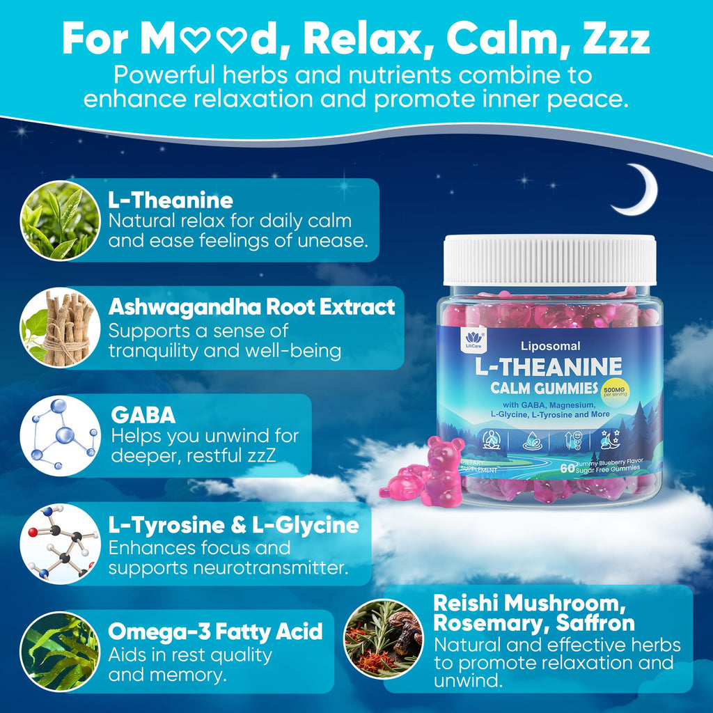 L Theanine Calm Gummies 500mg, Sugar-Free Liposomal L-Theanine Supplement, w/Safforn, Magnesium Glycinate, GABA, Ashwagandha, Algae Omega-3, Vitamin D3 B12