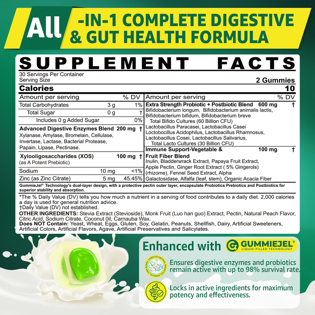 Digestive Enzymes Gummies for Women & Men, Multi-Enzymes with 90Billion CFU Probiotics and Prebiotics & Postbiotic, Vegetable & Fruit Fiber Blend, Super Enzymes for Digestive & Gut Health,Immune,60Cts EnvyCure Au supplements