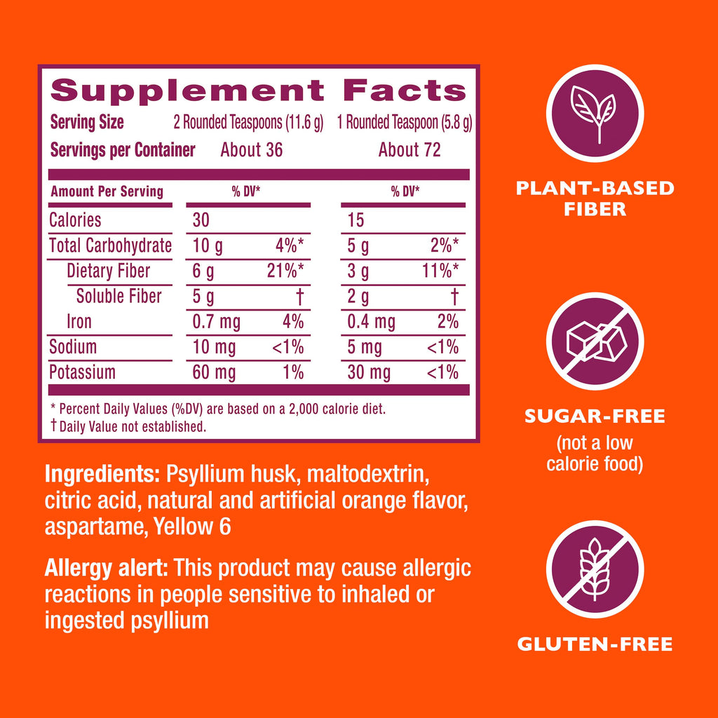 Metamucil 4-in-1 Psyllium Husk Friendly Fiber Supplement, Sugar-Free, 72 teaspoons, Orange Flavored, Daily Fiber Powder for Digestive Health