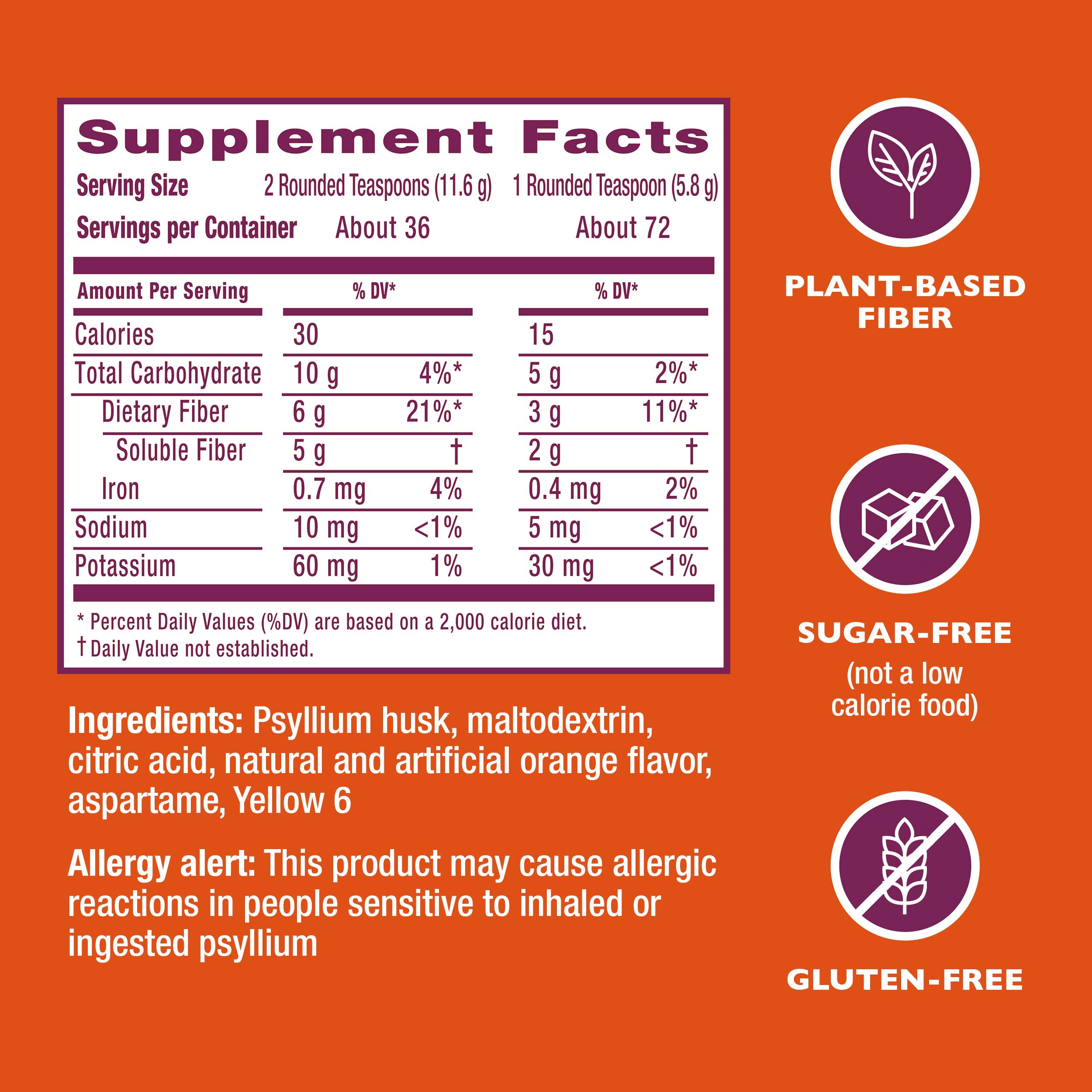 Metamucil 4-in-1 Psyllium Husk Friendly Fiber Supplement, Sugar-Free, 72 teaspoons, Orange Flavored, Daily Fiber Powder for Digestive Health