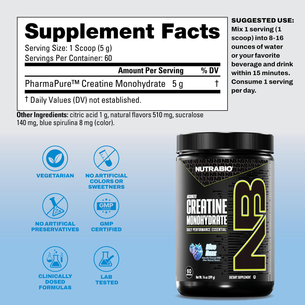 NutraBio Pure Micronized Creatine Monohydrate Powder Supplement, Blue Razz (300 g) - Supports Bulk Muscle Energy, Recovery, and Strength - HPLC Tested Creatine Powder Supplement for Men and Women