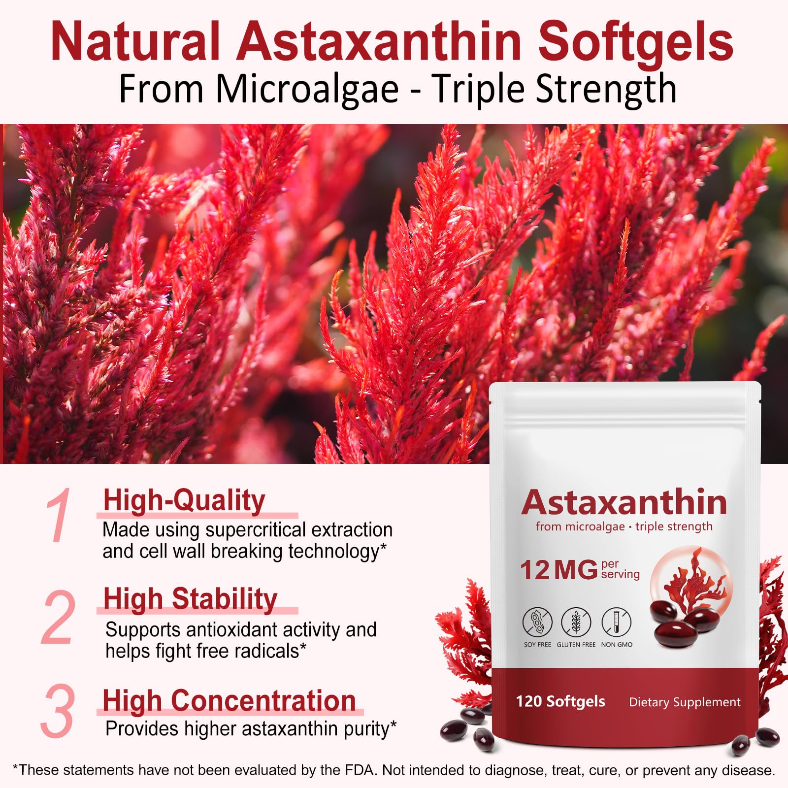 Xaarty Premium Astaxanthin 12mg, Natural Antioxidant Supplement for Eye, Joint, Skin Health,Microalgae Source, 4 Month Supply