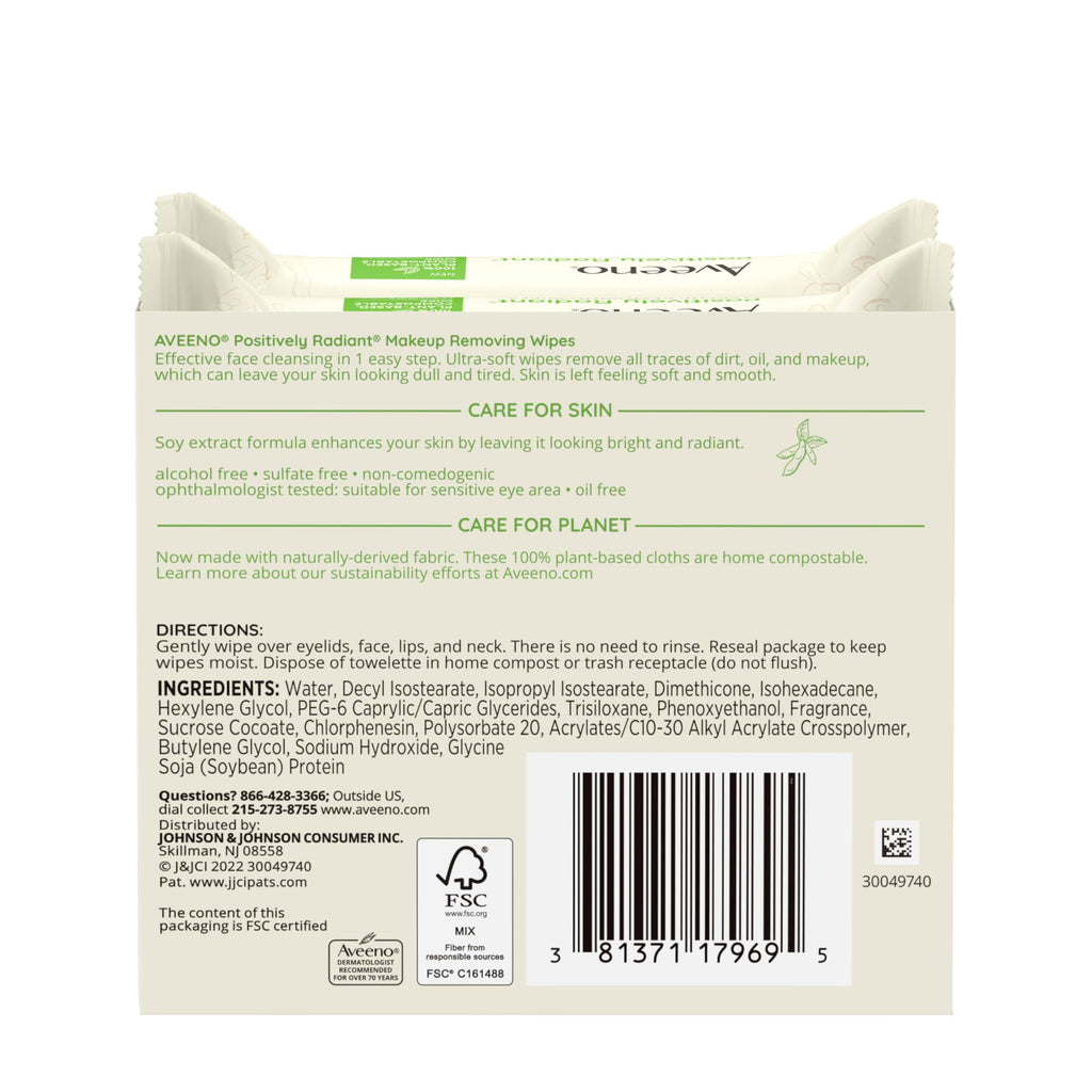 Aveeno Positively Radiant Makeup Remover Wipes, Oil Free, Alcohol Free, Non-Comedogenic Facial Cleansing Wipes, Gentle Face Wipes for Sensitive Skin