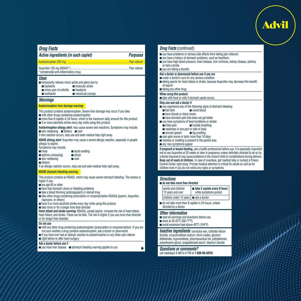 Advil Dual Action Back Pain Caplets Delivers 125mg Ibuprofen and 250mg Acetaminophen Per Dose for 8 Hours of Back Pain Relief - 144 Count Advil Au supplements