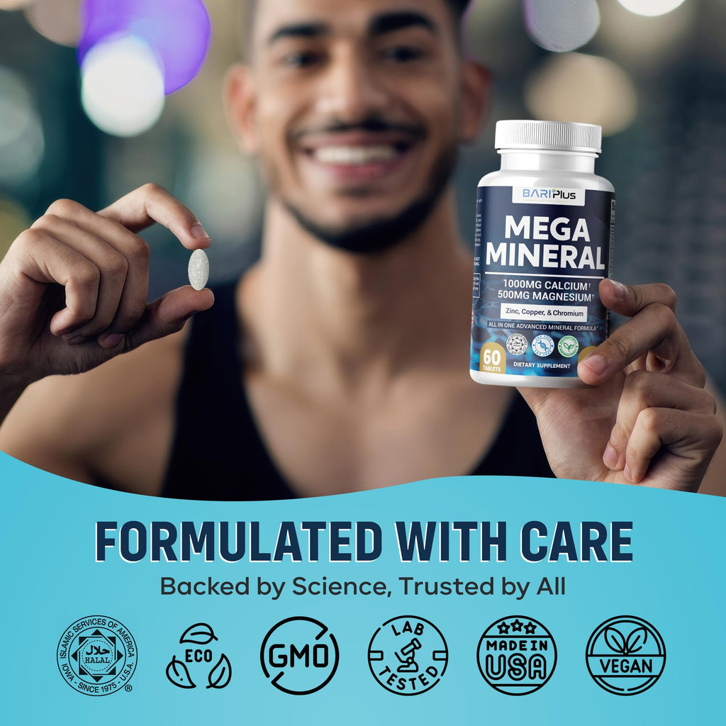 Mega Mineral – Complete Complex with Vitamin D, Calcium, Magnesium, Zinc, Potassium, Boron, Selenium, Chromium & Trace Minerals – Iron-Free – USA Made – 60 Tablets