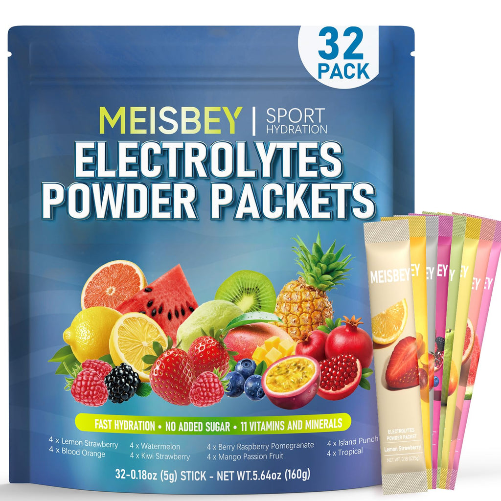 Meisbey Electrolyte Powder Packets – 32 Sticks Sugar Free Hydration Packets, Liquid Daily IV Electrolyte Hydration Powdered Drink Mix with Vitamins & Minerals, Keto Friendly, Vegan, Non-GMO