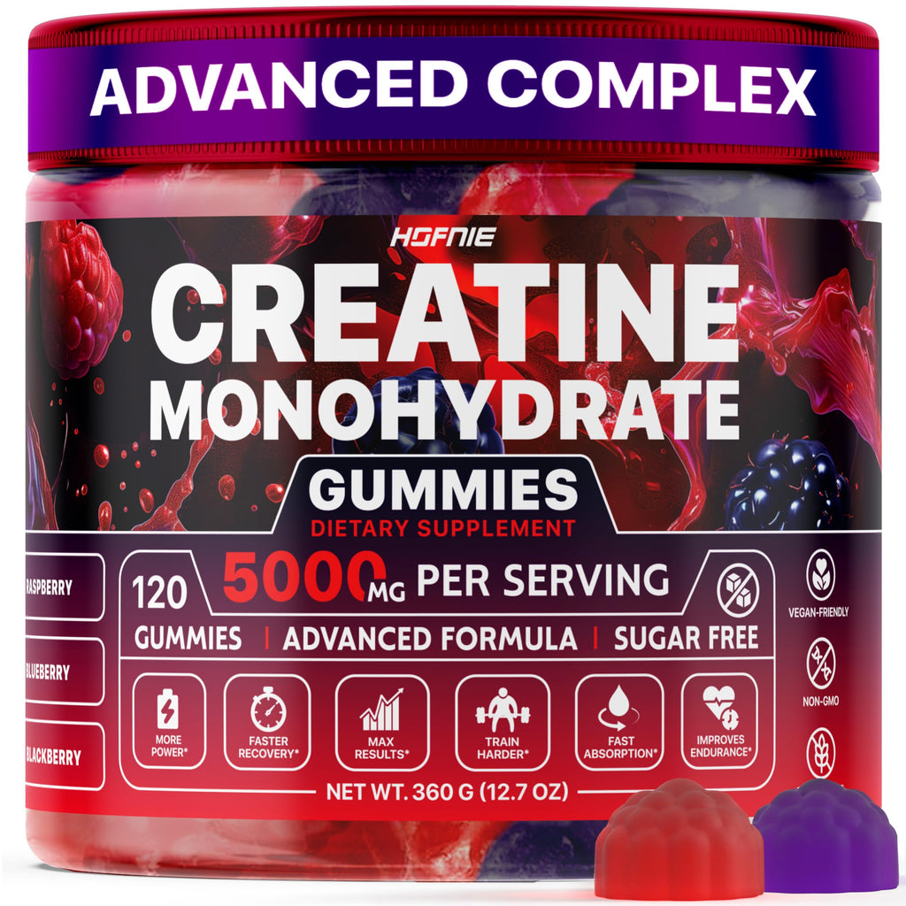Hofnie Creatine Monohydrate Gummies 5000 mg – Vegan, Sugar-Free Pre Workout Creatine for Men & Women – Raspberry & BlackBerry Flavored Chewable Creatine Monohydrate, 120 Gummies (30-Day Supply) Hofnie Au supplements