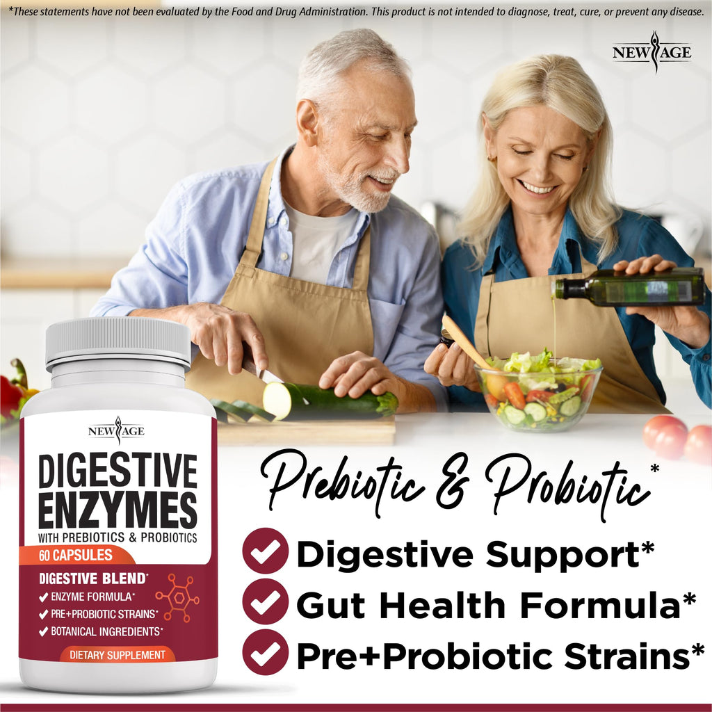 NEW AGE Digestive Enzymes for Gut Health - Probiotic Multi Enzymes with Prebiotics and Probiotics with Lipase for Women and Men for Digestive Health,